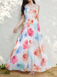 SHEIN LUNE 女士优雅荷叶边吊带背心花卉印花雪纺海滩度假长裙 - 彩色 - 查看 6