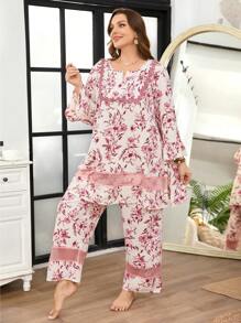 Serenescape Plus Size Women Floral Print Patchwork Semi-Sheer Mesh Bell Sleeve Top & Pants Pajama Set Holiday Season, Cozy Outfits, Fall Winter Clothes - Multicolor - View 6