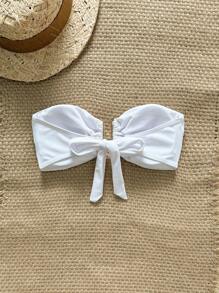 SHEIN Swim Vcay 女式夏季纯色露肩金属装饰蝴蝶结比基尼上衣 - 白色 - 查看 2