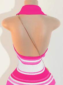Mistrie Vestido corto con cuello colorido, de moda para el verano - Rosa Fucsia - Ver 3