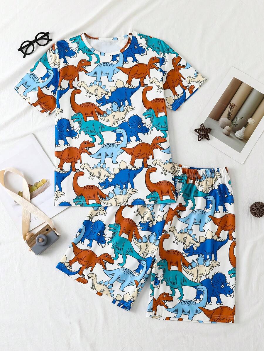 阻燃休闲印花圆领短袖上衣和裤子休闲服夏季青少年男童睡衣 - 彩色 - 查看 1