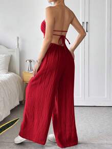 SHEIN EZwear 大码女式休闲棉质细肩带露背阔腿连体裤，夏季 - 紅色 - 查看 3