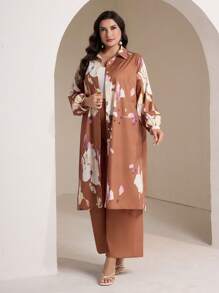 Veilorie Chaqueta de manga larga con diseño floral y abotonadura sencilla, y pantalones, conjunto de estilo árabe modesto para mujer de talla grande