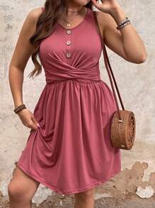 SHEIN PETITE CURVE Plus Size Sleeveless V-Neck Wood Button High Elasticity Digital Printed Vacation Beach Dress - Coffee Brown - View 6