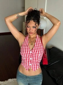 SHEIN EZwear Women's Red & White Gingham Halter Neck Woven Blazer: Casual Short Sleeveless Summer Style With Button Details And Asymmetrical Hem In Fall/Winter - Red and White - View 3