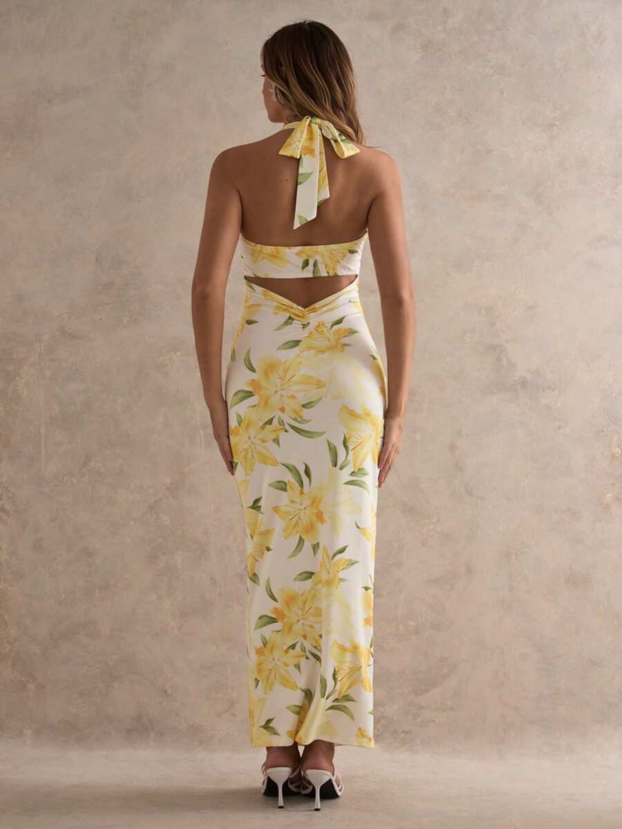 Glamine Neck Tie Romantic Floral Print Long Dress For Vacation - Light Yellow - View 1