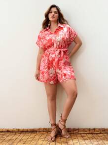 Maija 大码夏季印花纽扣半拉链短袖连体裤，适合夏季度假、海滩、商务休闲、外出、波西米亚风办公室穿搭、音乐节、夏威夷锐舞派对等场合。