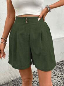 SHEIN LUNE Women's Solid Color Pleated Pockets Loose Casual Shorts Green Summer - Army Green - View 5