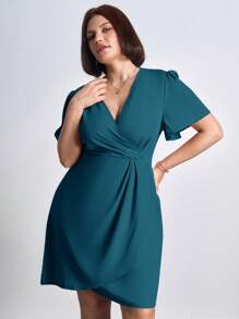 Chikora Plus Size Women Fall Women Solid V-Neck Short Sleeve Elegant Casual Dress,Business Casual Woman