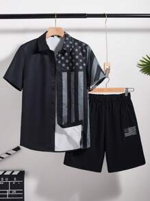 SHEIN Conjunto de 2 peças de blusa e shorts casuais para meninos adolescentes, estilo punk rock, roupa escolar para uso diário, festa, festival de música, adequado para primavera/verão - Preto - Ver 1