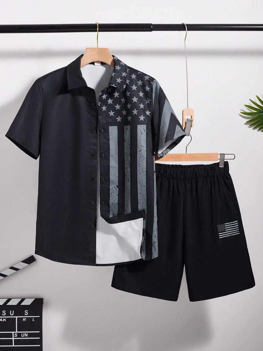 SHEIN Conjunto de 2 peças de blusa e shorts casuais para meninos adolescentes, estilo punk rock, roupa escolar para uso diário, festa, festival de música, adequado para primavera/verão - Preto - Ver 1