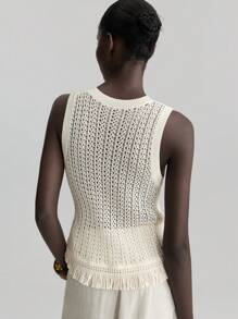 Ontre 2025 女式夏季休闲流苏针织无袖上衣，教师/办公室，音乐节，婚礼嘉宾，两件套商务休闲套装，度假和海滩 - 白色 - 查看 2