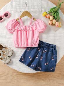 2pcs/Set Girls Adorable Doll Ruffle Ruffle Short Sleeve Top & Embroidered Bowknot Denim Shorts, Casual Fashion Outfit Suitable For Party - Multicolor - View 1