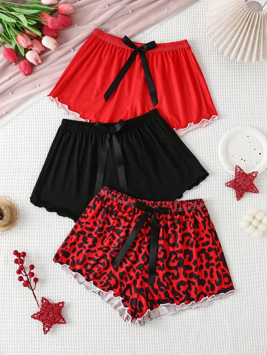SHEIN 3pcs Women's Bow Decor Ruffle Hem Shorts Pajama Bottoms - Multicolor - View 1