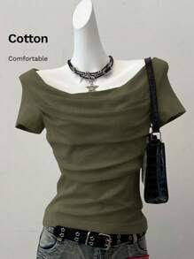 SHEIN EZwear Summer Western Wear Women Tops  Knit Women's Fitted Short Sleeve One Shoulder