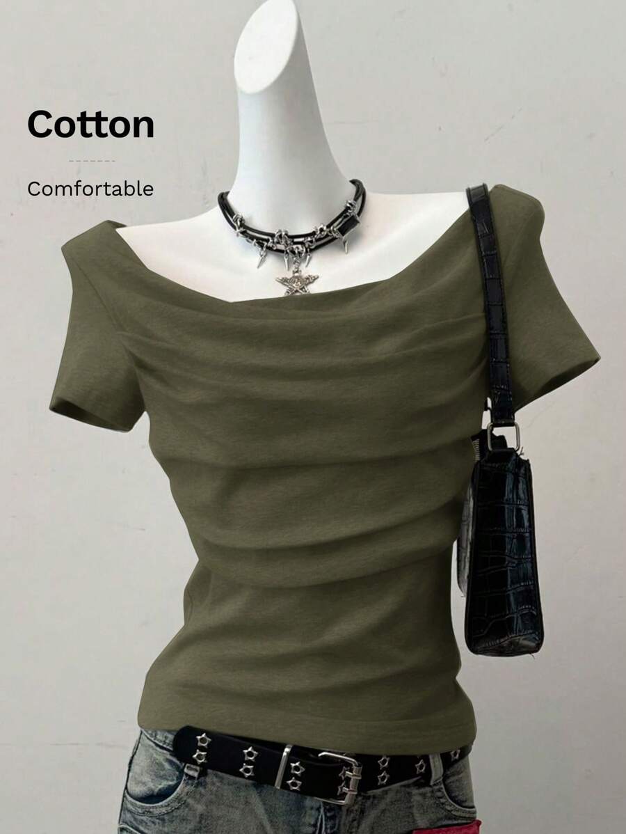 SHEIN EZwear Summer Western Wear Women Tops  Knit Women's Fitted Short Sleeve One Shoulder