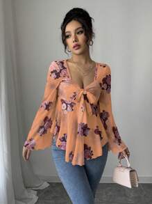 Chiquease Camiseta de mujer de estilo Ibiza con volantes, manga con volantes, dobladillo asimétrico, lazo y malla con estampado floral, de corte casual y sexy para vacaciones - Multicolor - Ver 3