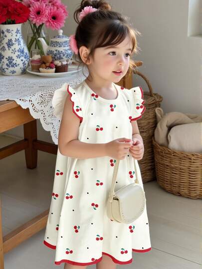 SHEIN Toddler Boys Casual Cute Mini Heart, Mini Cherry Print, Simple Ruffle Trim Summer Sundress