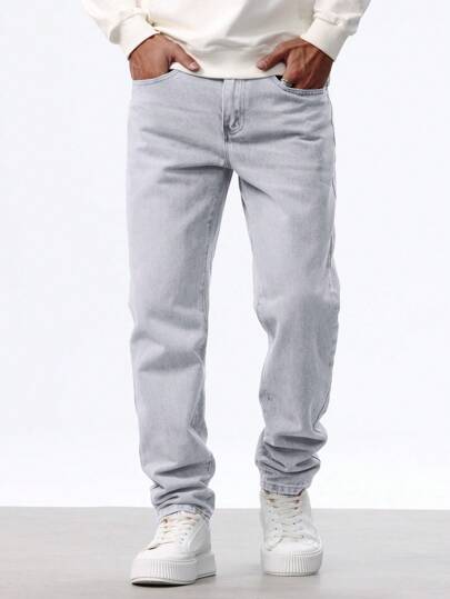 Manfinity Homme Men's Casual Solid Color Pocket Straight Leg Jeans