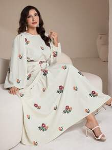 Veilorie Plus Size Floral Print Long Sleeve Belted Dress - Multicolor - View 7