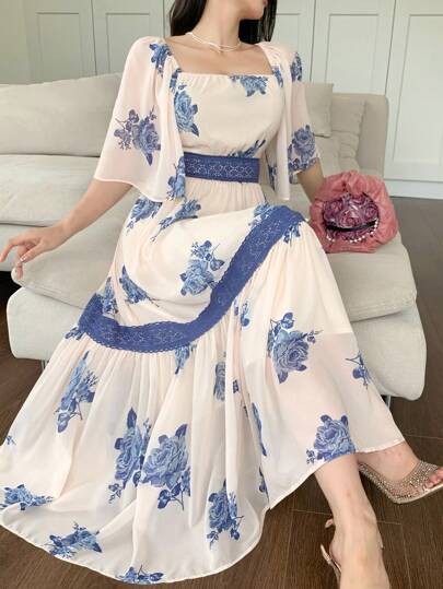 DAZY Color Block Lace Floral Midi Dress For Women Vacation Outfits Women Easter