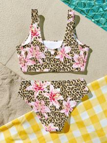 Tween Girls Leopard Lily Print Simple Cami Top And Triangle Brief Swimsuit Set, Suitable For Summer - Multicolor - View 2