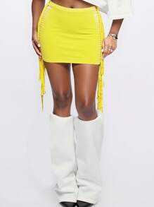 Slaydiva Nueva falda casual de verano y primavera con borlas y decoración hueca a ambos lados para mujer, color amarillo