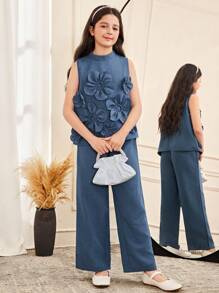 SHEIN 2件套青少年女孩休闲优雅立领无袖碎花上衣和裤子套装 - 紫色 - 查看 4