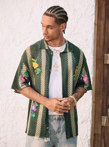 ROMWE MEN Suéter casual de punto de hombre con estampado floral y diseño calado de una sola hilera