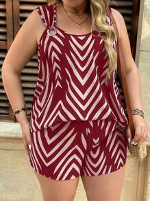 SHEIN VCAY Conjunto de 2 piezas de talla grande de estilo informal elegante con parte superior con patrón geométrico en azul marino y pantalones cortos holgados con bolsillos, atuendo occidental para mujer, estilo bohemio, conjunto de ropa de verano para mujer, ropa de playa, ropa de verano para mujer, atuendo para el Día de San Patricio, conjunto de primavera para mujer, camisetas estampadas