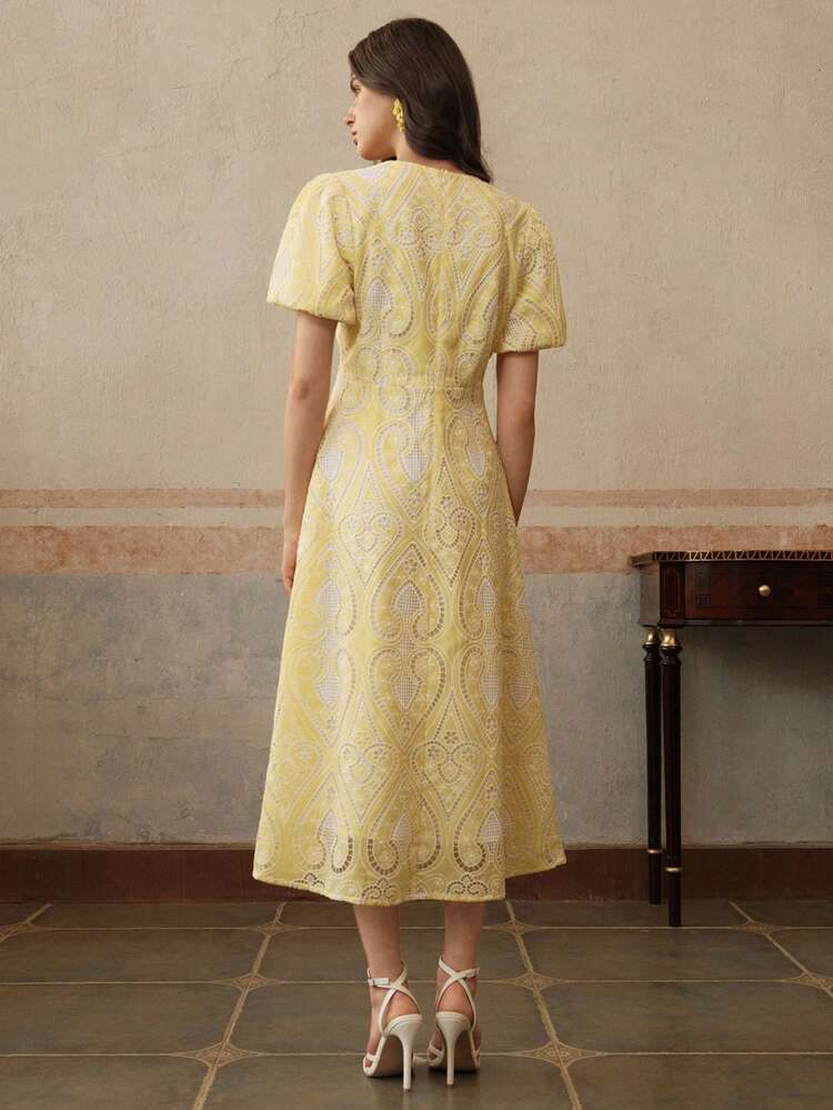 New Arrival Embroidered Hollow Patchwork V-Neck Dress, Elegant, Modest, Suitable For Spring And Festivals
