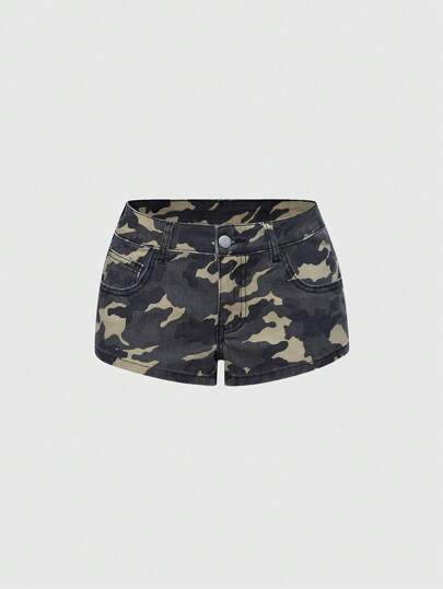 Grunge Punk Y2k Retro Baddie Pocket Wing Sequin Embroidery Low Rise Camouflage Denim Shorts