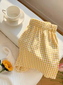 SHEIN Tall CURVE Plus Size Women Plaid Printed Casual Summer Shorts - Yellow - View 3