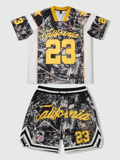 Prep Men's Summer Sports Casual Contrast Color V-Neck Short Sleeve Jersey T-Shirt And Shorts Set