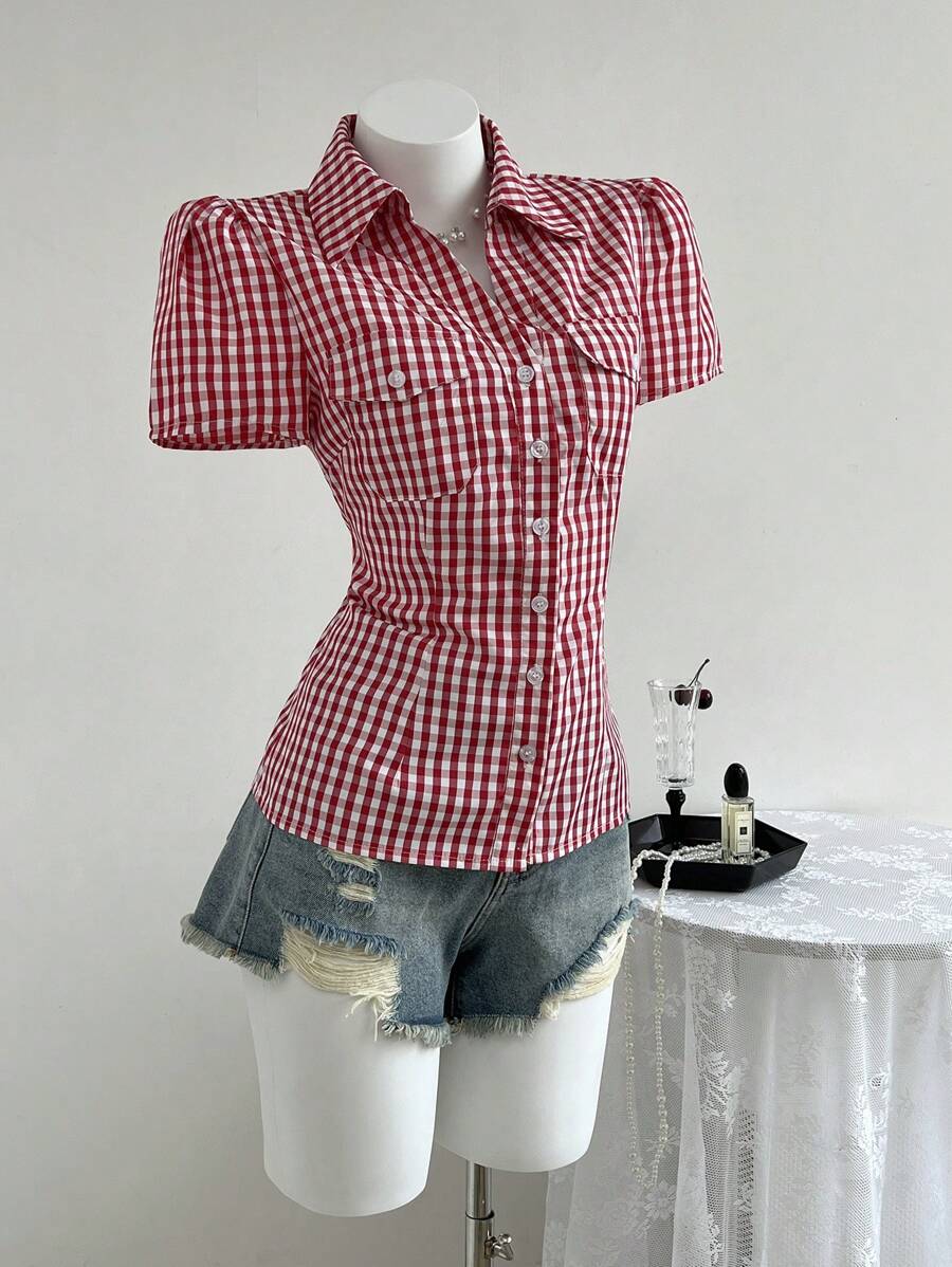 Elamini Retro Chic V-Neck Checkered Pocket Patchwork Button Up Cropped Fitted Short Sleeve Shirt