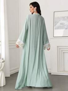 Al Najma Women's Long Sleeve Solid Color Patchwork Embroidered Floral Hem Arabic Style Dress, Modest - Green - View 6