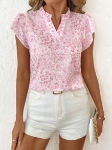 SHEIN Clasi 女士优雅花朵印花镂空领衬衫，夏季粉色衬衫 - 粉色 - 查看 7