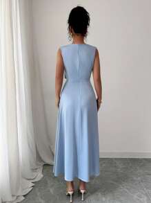 Elenzga Elegante vestido con cuello en V, lazo en la cintura y bajo acampanado