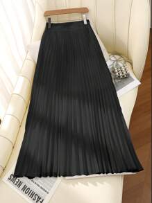 Franclia High Waist Slimming Solid Color A-Line Pleated Work & Casual Skirt Fall Cloth For Women - Black - View 2