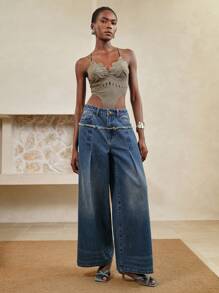 Arave Jeans anchos casuales y sueltos de mujer con dobladillo deshilachado y lavado - Azul - Ver 4