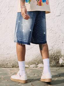 ROMWE MEN Street Life Pantalones cortos vaqueros para hombre con parches de rhinestones y contraste de color - Azul - Ver 4
