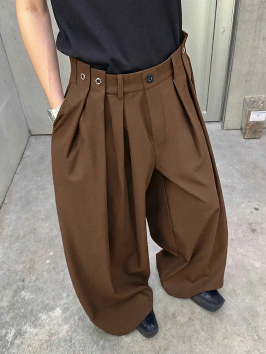 Claim Dot 男士高腰阔腿褶皱宽松休闲裤，秋季 - 咖啡棕 - 查看 1