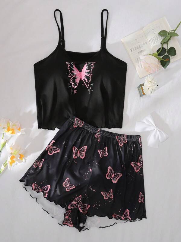 Conjunto de pijama com estampa de borboleta, camisola e shorts para meninas adolescentes, verão