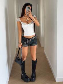 Flirla 蕾丝方领百搭女式T恤，春夏时尚