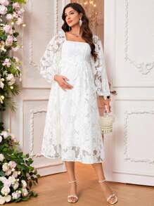 Loomaby Pregnant Women Floral Jacquard Mesh V-Neck Lantern Sleeve Elegant Maternity Dress Baby Shower Maternity  Maxi Dresses Classy Outfits Fairycore