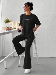 SHEIN EZwear Black Knitted Letter Embroidered Flare Pants Set - Black - View 6