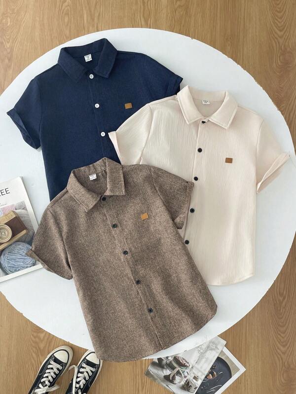 3pcs Tween Boy Set: Loose Casual Versatile Small Collar Leather Patch Woven Short Sleeve Shirt, Suitable For School, Party, Evening, Travel