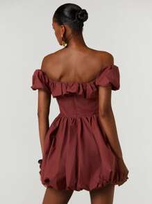 Athîral Women's Summer Simple Ruffled Off Shoulder Cinched Waist Mini Dress - Rust Brown - View 2