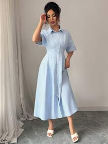 Selianne Elegant Collared Short Sleeve Button Down Waist Striped Spring/Summer Dress - Blue - View 6