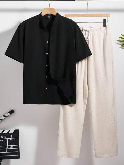 SHEIN 2pcs Teen Boys Casual Short Sleeve T-Shirt And Long Pants Set, Street Punk Rock Style Outfit For Daily, Party, Music Festival, Suitable For Spring/Summer